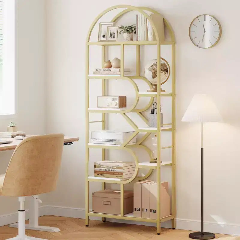 Coolmee Bibliothèque ouverte arquée à 6 niveaux, étagère géométrique en métal de 207,5 cm de hauteur, grande étagère de rangement pour chambre, salon, bureau