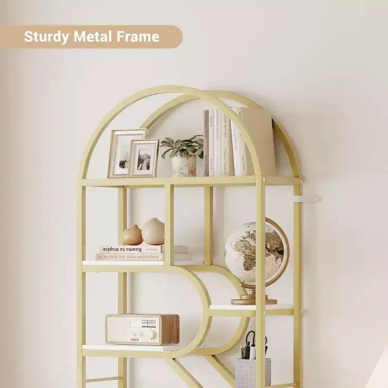 Coolmee Bibliothèque ouverte arquée à 6 niveaux, étagère géométrique en métal de 207,5 cm de hauteur, grande étagère de rangement pour chambre, salon, bureau