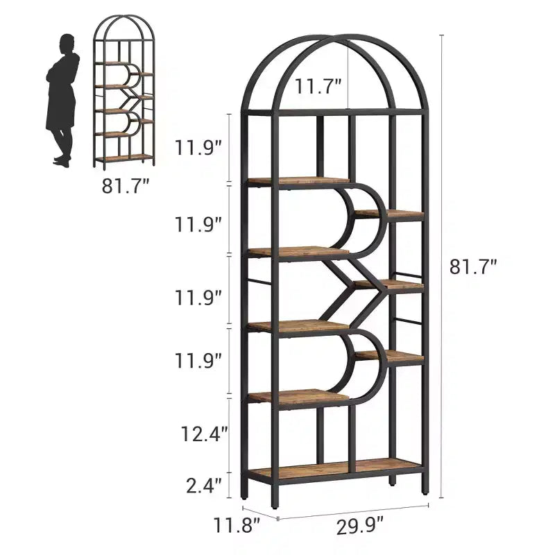 Coolmee Bibliothèque ouverte arquée à 6 niveaux, étagère géométrique en métal de 207,5 cm de hauteur, grande étagère de rangement pour chambre, salon, bureau