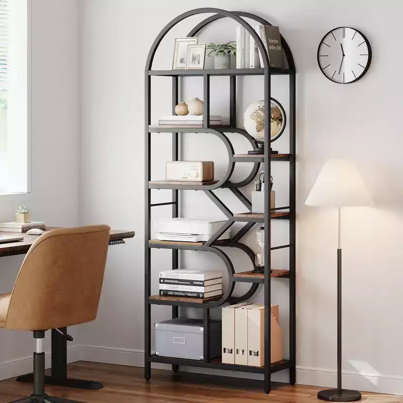 Coolmee Bibliothèque ouverte arquée à 6 niveaux, étagère géométrique en métal de 207,5 cm de hauteur, grande étagère de rangement pour chambre, salon, bureau