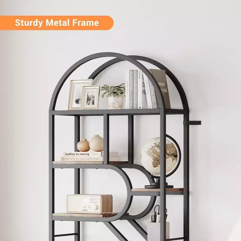 Coolmee Bibliothèque ouverte arquée à 6 niveaux, étagère géométrique en métal de 207,5 cm de hauteur, grande étagère de rangement pour chambre, salon, bureau