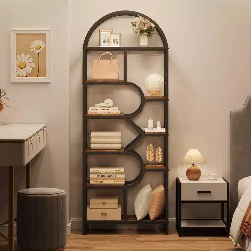 Coolmee Bibliothèque ouverte arquée à 6 niveaux, étagère géométrique en métal de 207,5 cm de hauteur, grande étagère de rangement pour chambre, salon, bureau