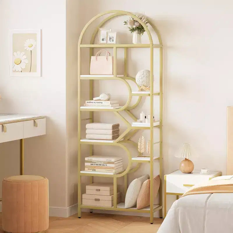 Coolmee Bibliothèque ouverte arquée à 6 niveaux, étagère géométrique en métal de 207,5 cm de hauteur, grande étagère de rangement pour chambre, salon, bureau
