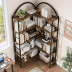 Coolmee Étagère d'angle cintrée, Bibliothèque d'angle industrielle en forme de L avec cadre métallique, Étagère d'angle de présentation pour salon et chambre