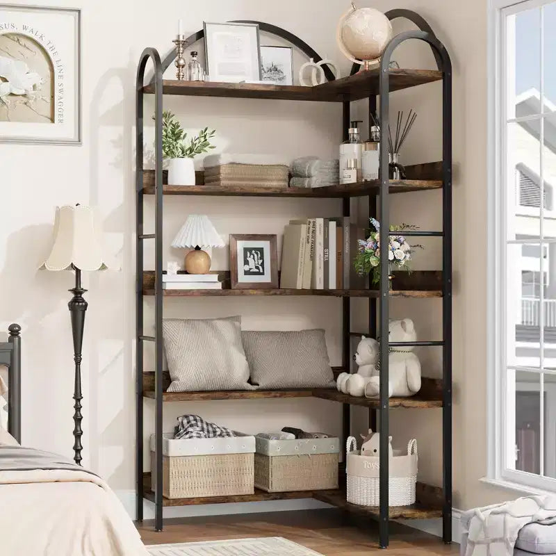 Coolmee Étagère d'angle cintrée, Bibliothèque d'angle industrielle en forme de L avec cadre métallique, Étagère d'angle de présentation pour salon et chambre