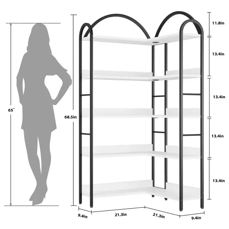 Coolmee Étagère d'angle cintrée, Bibliothèque d'angle industrielle en forme de L avec cadre métallique, Étagère d'angle de présentation pour salon et chambre