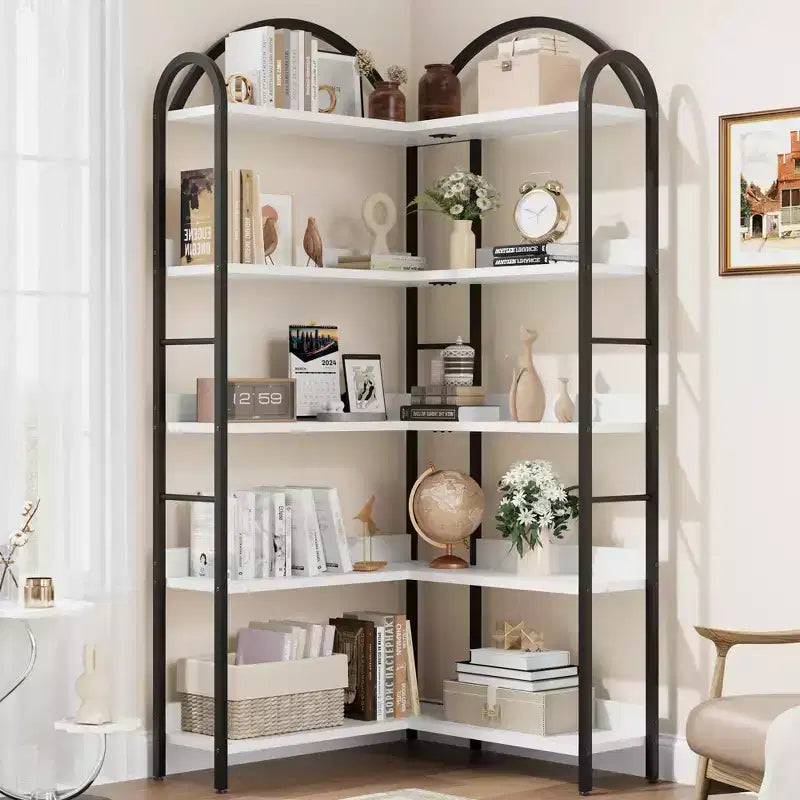 Coolmee Étagère d'angle cintrée, Bibliothèque d'angle industrielle en forme de L avec cadre métallique, Étagère d'angle de présentation pour salon et chambre