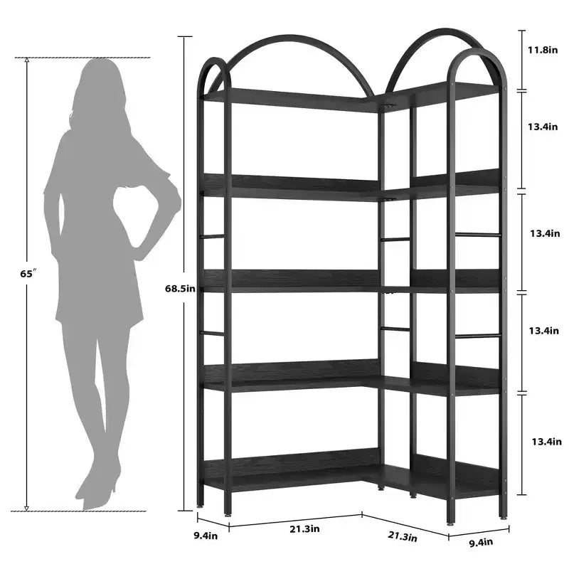 Coolmee Étagère d'angle cintrée, Bibliothèque d'angle industrielle en forme de L avec cadre métallique, Étagère d'angle de présentation pour salon et chambre