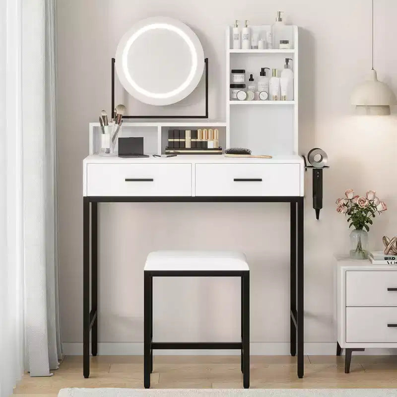 Coiffeuse de Maquillage avec Miroir Rotatif Réglable, Grande Coiffeuse de 74 cm avec 2 Tiroirs et Tabouret, Coiffeuse Moderne pour Chambre à Coucher