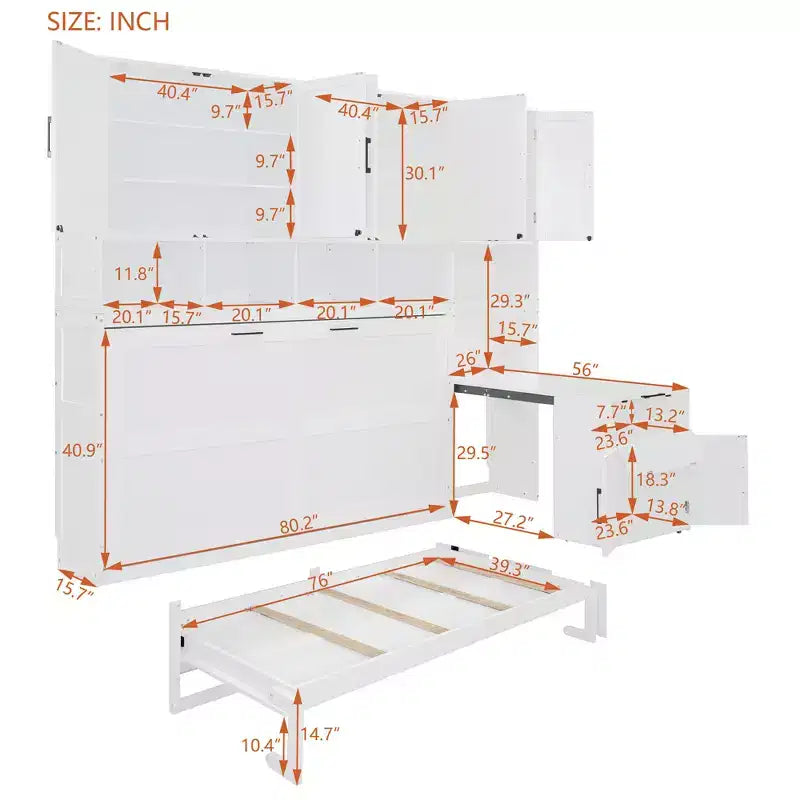 Lit escamotable double Merax tout-en-un avec bureau pliant, blanc