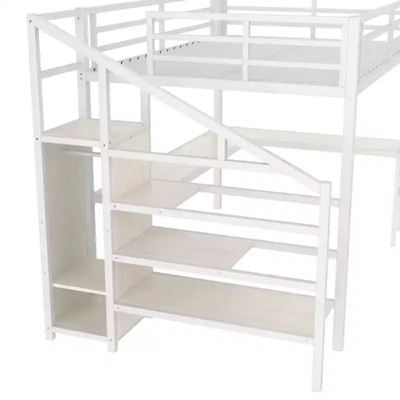 Lit mezzanine Queen Size avec bureau en L et lit mezzanine en métal avec USB, avec armoire et réglable