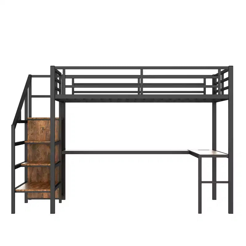 Lit mezzanine Queen Size avec bureau en L et lit mezzanine en métal avec USB, avec armoire et réglable