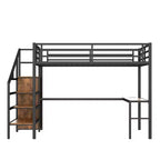Lit mezzanine Queen Size avec bureau en L et lit mezzanine en métal avec USB, avec armoire et réglable