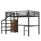 Lit mezzanine Queen Size avec bureau en L et lit mezzanine en métal avec USB, avec armoire et réglable