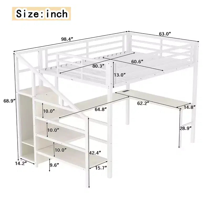 Lit mezzanine Queen Size avec bureau en L et lit mezzanine en métal avec USB, avec armoire et réglable