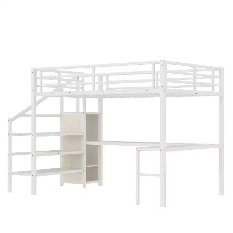 Lit mezzanine Queen Size avec bureau en L et lit mezzanine en métal avec USB, avec armoire et réglable