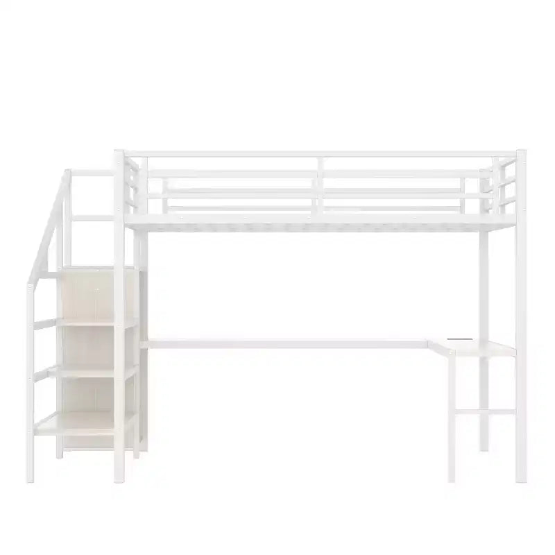Lit mezzanine Queen Size avec bureau en L et lit mezzanine en métal avec USB, avec armoire et réglable