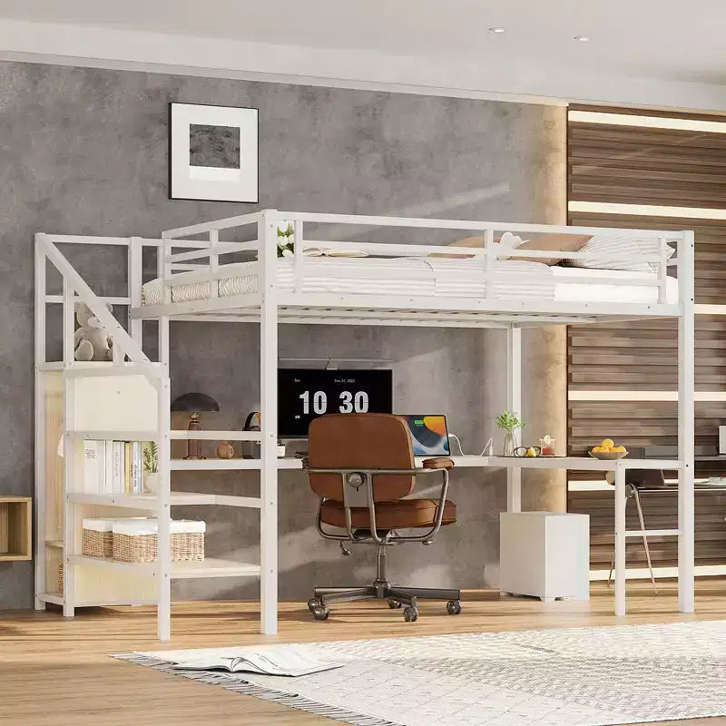 Lit mezzanine Queen Size avec bureau en L et lit mezzanine en métal avec USB, avec armoire et réglable