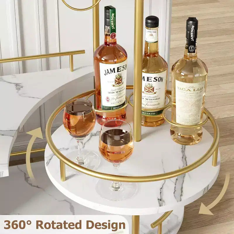 Chariot de bar Acekool à 4 niveaux avec support à vin et porte-verres, desserte mobile à roulettes pour cuisine, salle à manger, salon, doré+blanc