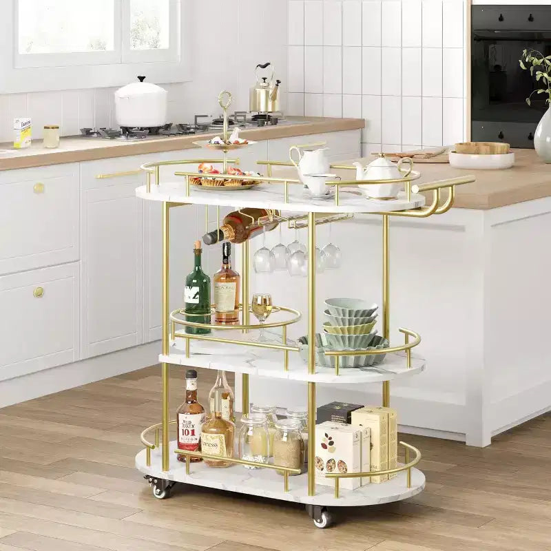 Chariot de bar Acekool à 4 niveaux avec support à vin et porte-verres, desserte mobile à roulettes pour cuisine, salle à manger, salon, doré+blanc