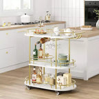 Chariot de bar Acekool à 4 niveaux avec support à vin et porte-verres, desserte mobile à roulettes pour cuisine, salle à manger, salon, doré+blanc
