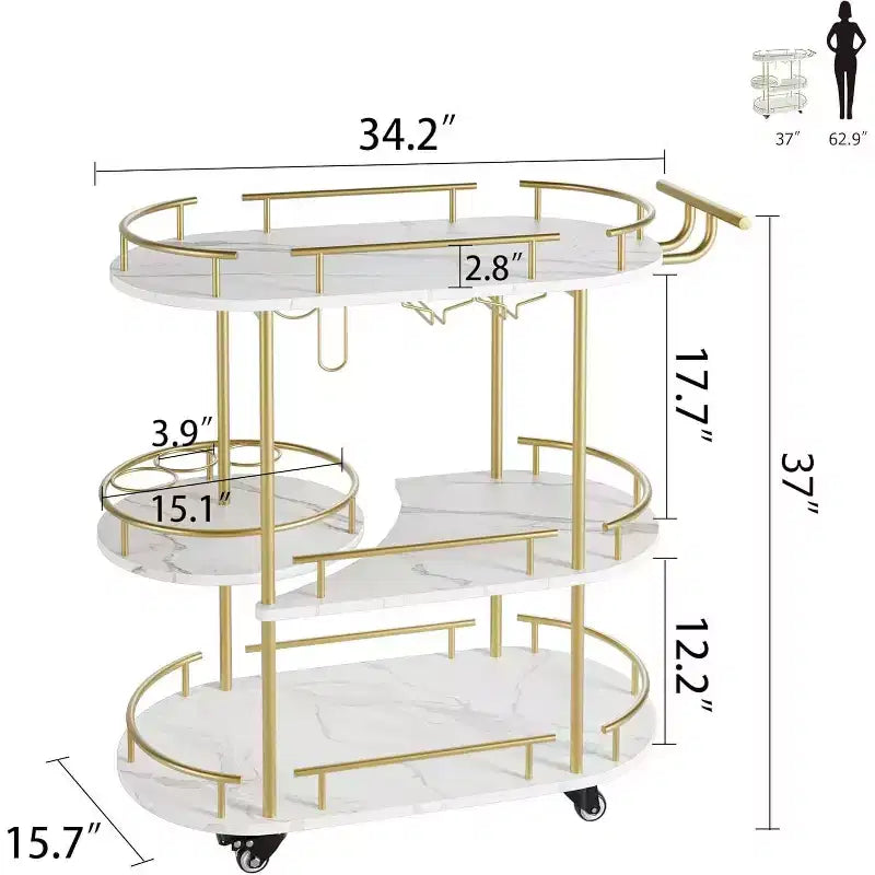 Chariot de bar Acekool à 4 niveaux avec support à vin et porte-verres, desserte mobile à roulettes pour cuisine, salle à manger, salon, doré+blanc