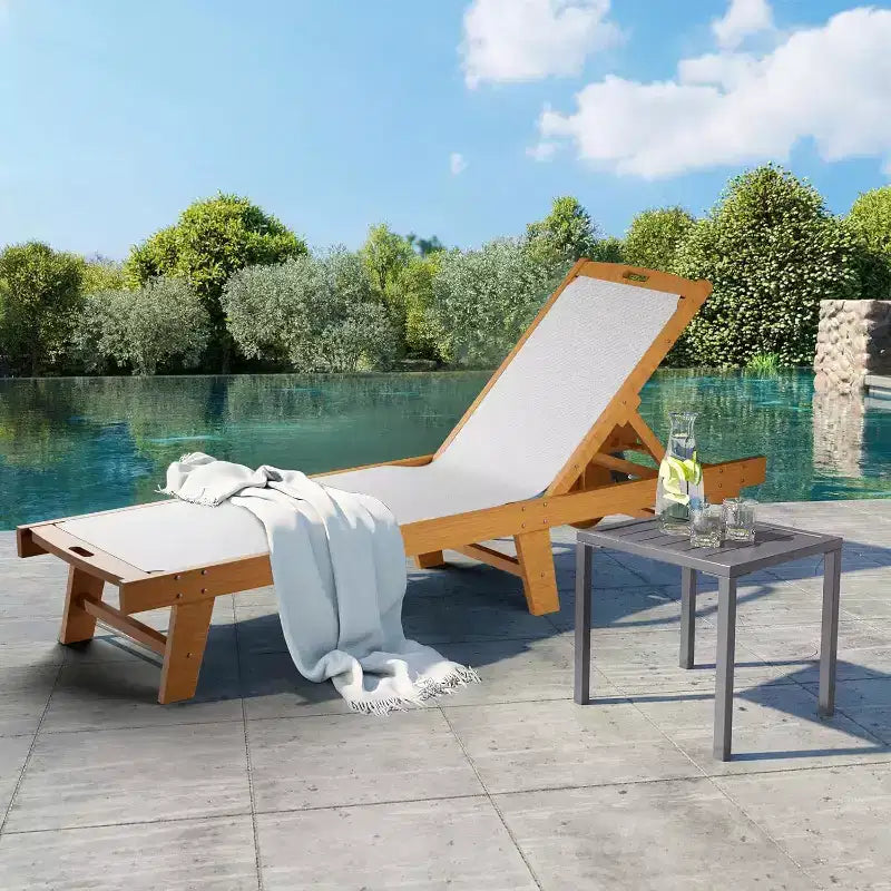 Chaise longue de patio réglable avec roues, transat d'extérieur en bois d'acacia de 200x61cm, coussin en maille Teslin résistant aux intempéries