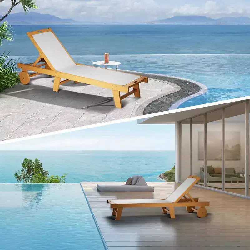 Chaise longue de patio réglable avec roues, transat d'extérieur en bois d'acacia de 200x61cm, coussin en maille Teslin résistant aux intempéries