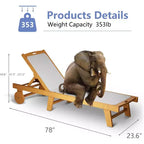 Chaise longue de patio réglable avec roues, transat d'extérieur en bois d'acacia de 200x61cm, coussin en maille Teslin résistant aux intempéries