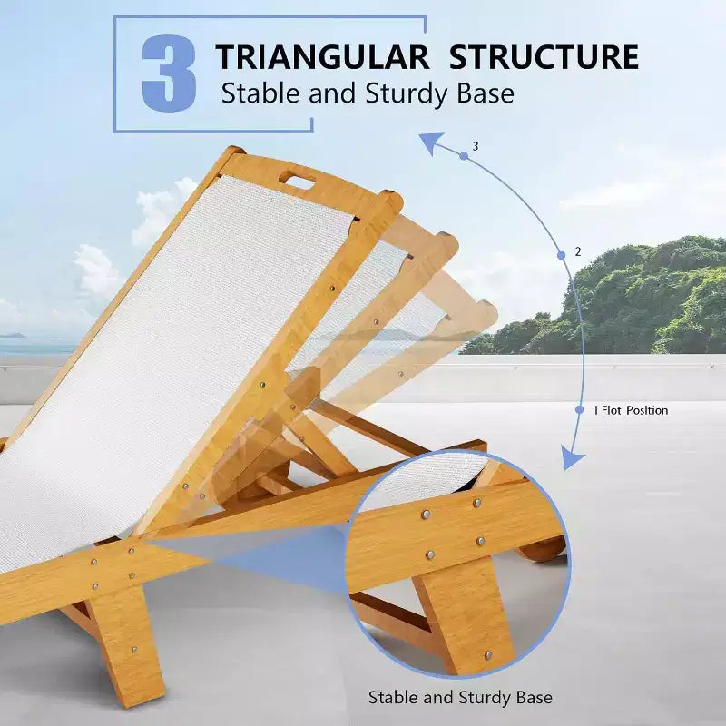 Chaise longue de patio réglable avec roues, transat d'extérieur en bois d'acacia de 200x61cm, coussin en maille Teslin résistant aux intempéries