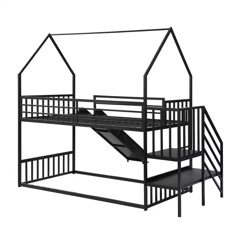 Lit superposé maison double en métal avec toboggan et escalier, cadre de lit superposé convertible avec toboggan et escalier pour enfants et adolescents