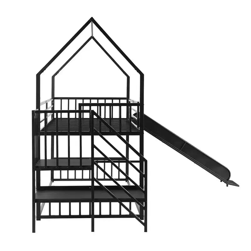 Lit superposé maison double en métal avec toboggan et escalier, cadre de lit superposé convertible avec toboggan et escalier pour enfants et adolescents