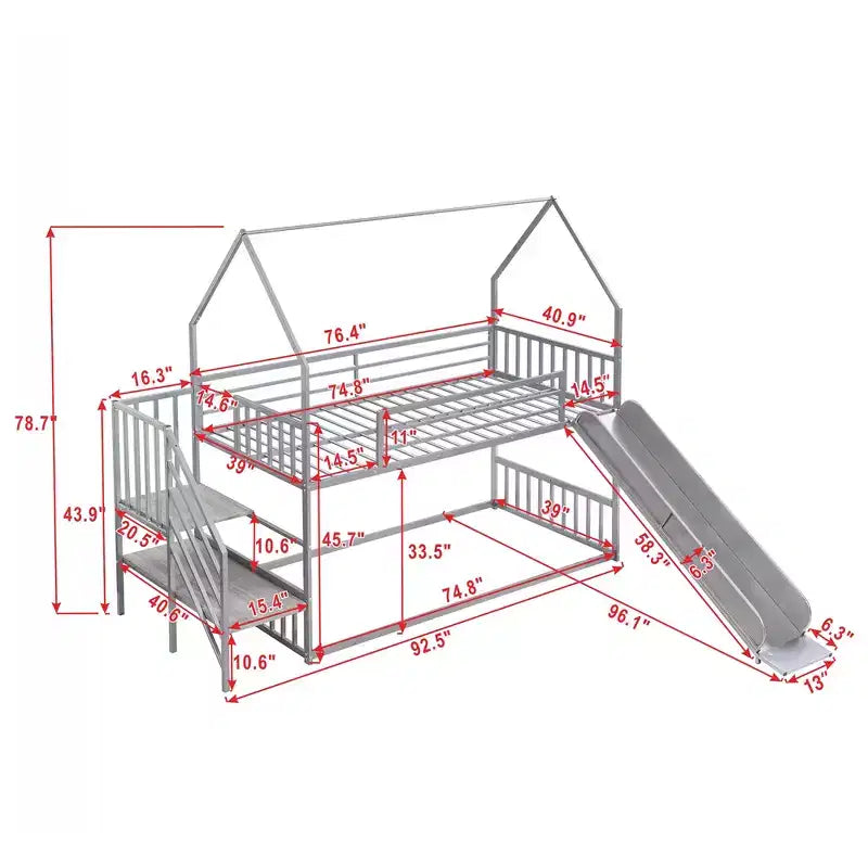 Lit superposé maison double en métal avec toboggan et escalier, cadre de lit superposé convertible avec toboggan et escalier pour enfants et adolescents