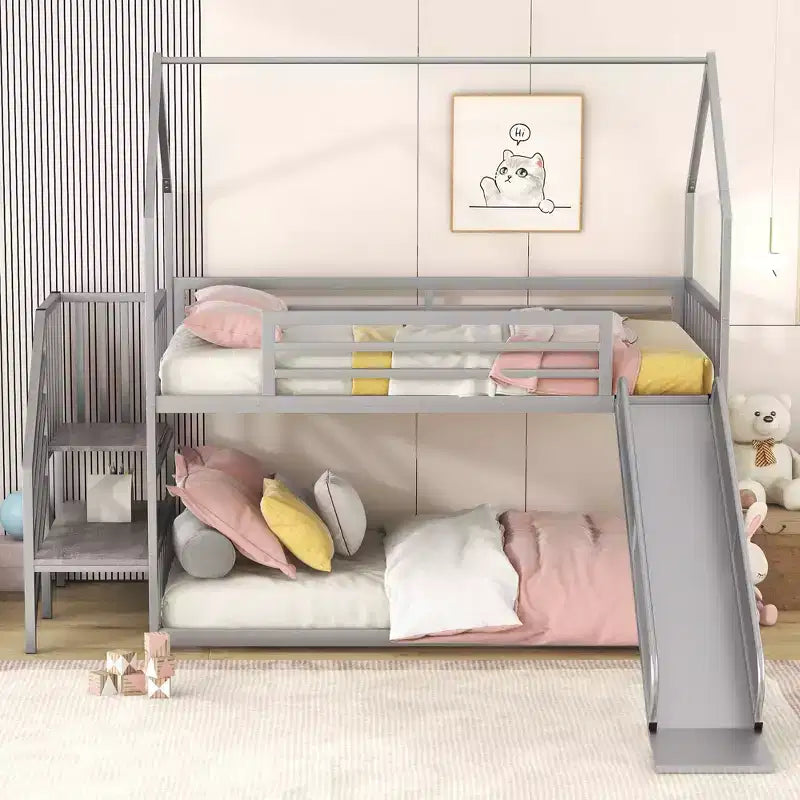 Lit superposé maison double en métal avec toboggan et escalier, cadre de lit superposé convertible avec toboggan et escalier pour enfants et adolescents