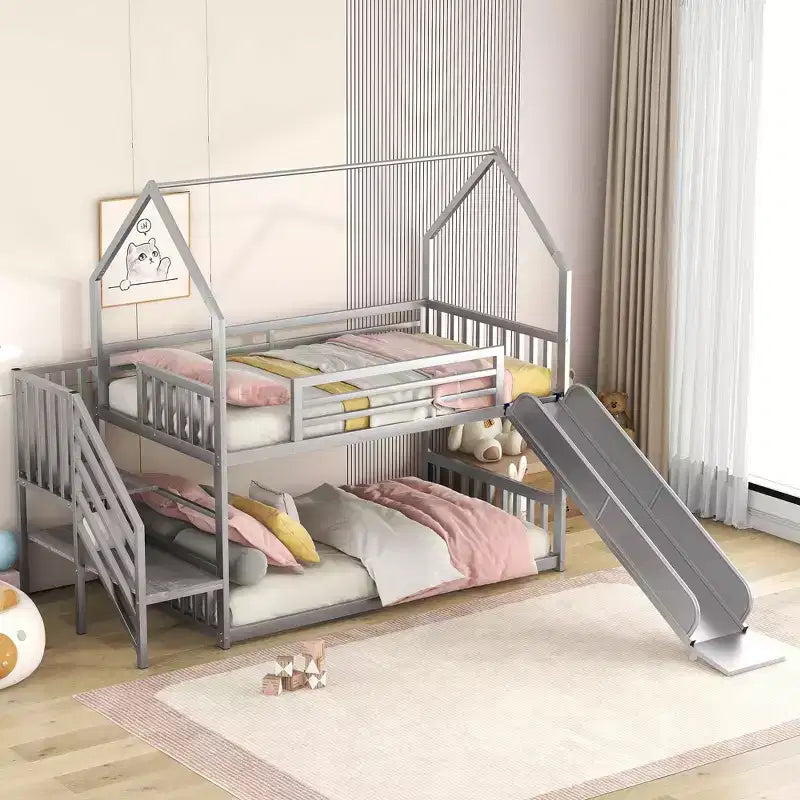 Lit superposé maison double en métal avec toboggan et escalier, cadre de lit superposé convertible avec toboggan et escalier pour enfants et adolescents