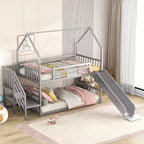 Lit superposé maison double en métal avec toboggan et escalier, cadre de lit superposé convertible avec toboggan et escalier pour enfants et adolescents