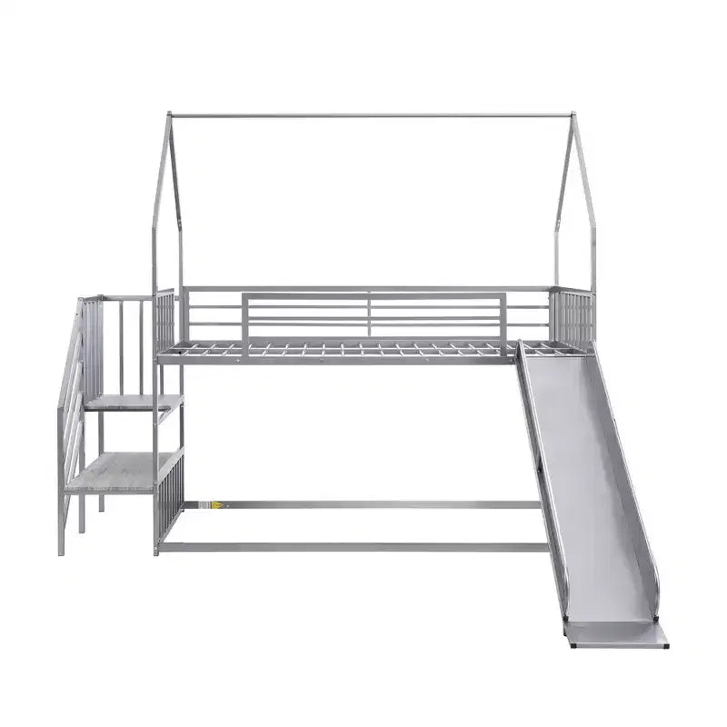 Lit superposé maison double en métal avec toboggan et escalier, cadre de lit superposé convertible avec toboggan et escalier pour enfants et adolescents