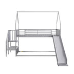 Lit superposé maison double en métal avec toboggan et escalier, cadre de lit superposé convertible avec toboggan et escalier pour enfants et adolescents