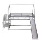 Lit superposé maison double en métal avec toboggan et escalier, cadre de lit superposé convertible avec toboggan et escalier pour enfants et adolescents