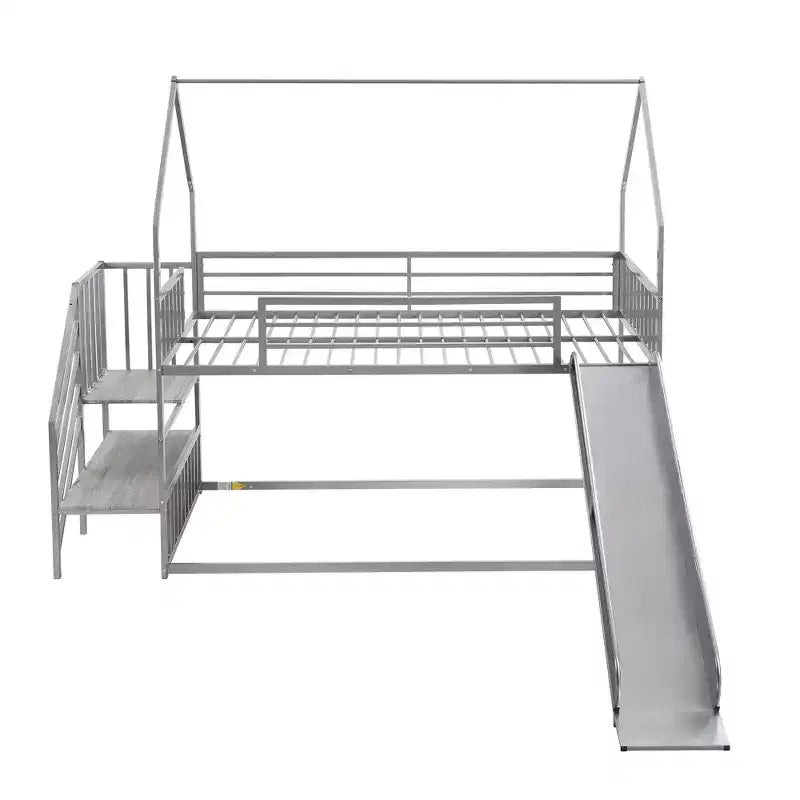 Lit superposé maison double en métal avec toboggan et escalier, cadre de lit superposé convertible avec toboggan et escalier pour enfants et adolescents