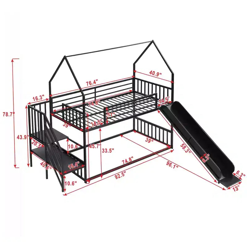 Lit superposé maison double en métal avec toboggan et escalier, cadre de lit superposé convertible avec toboggan et escalier pour enfants et adolescents