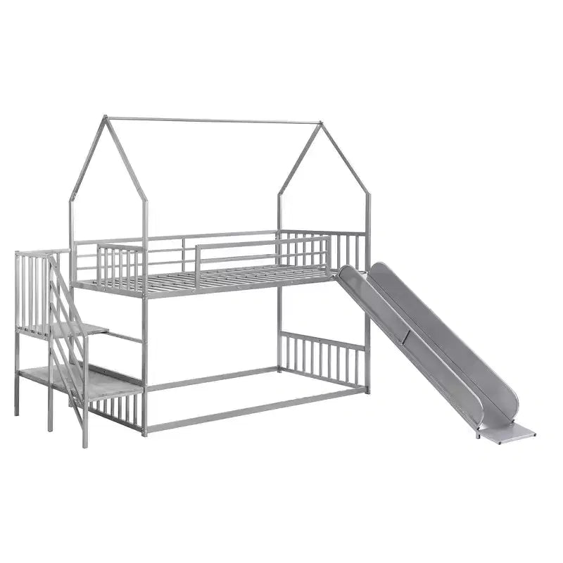 Lit superposé maison double en métal avec toboggan et escalier, cadre de lit superposé convertible avec toboggan et escalier pour enfants et adolescents