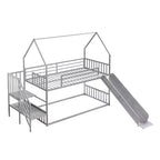 Lit superposé maison double en métal avec toboggan et escalier, cadre de lit superposé convertible avec toboggan et escalier pour enfants et adolescents