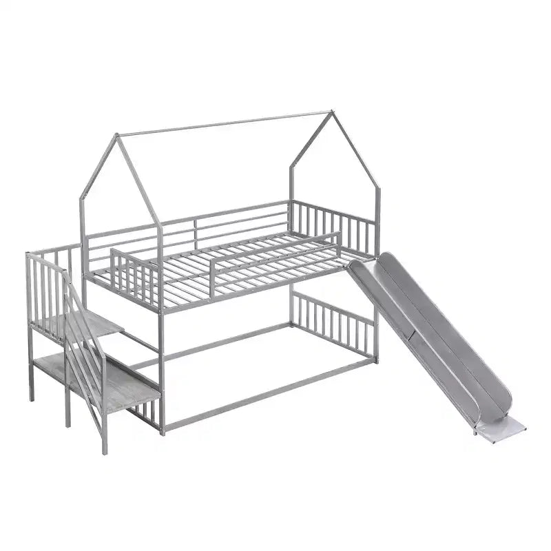 Lit superposé maison double en métal avec toboggan et escalier, cadre de lit superposé convertible avec toboggan et escalier pour enfants et adolescents