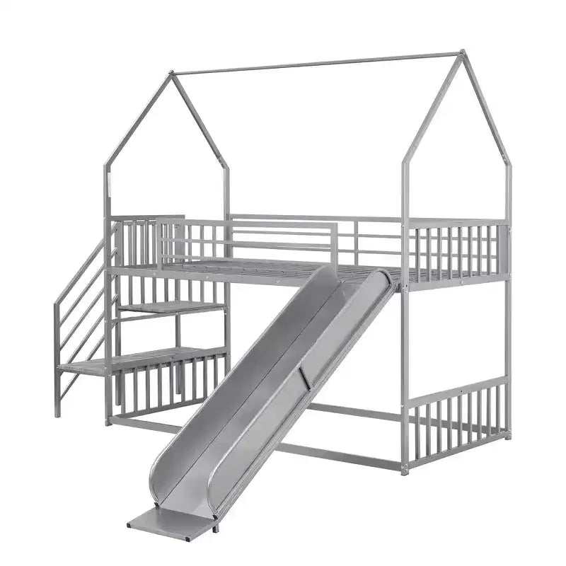 Lit superposé maison double en métal avec toboggan et escalier, cadre de lit superposé convertible avec toboggan et escalier pour enfants et adolescents