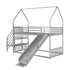 Lit superposé maison double en métal avec toboggan et escalier, cadre de lit superposé convertible avec toboggan et escalier pour enfants et adolescents