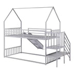 Lit superposé maison double en métal avec toboggan et escalier, cadre de lit superposé convertible avec toboggan et escalier pour enfants et adolescents