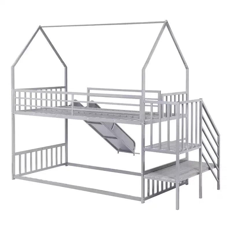 Lit superposé maison double en métal avec toboggan et escalier, cadre de lit superposé convertible avec toboggan et escalier pour enfants et adolescents