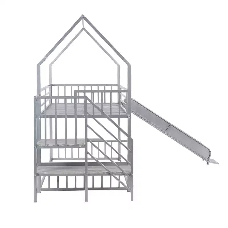 Lit superposé maison double en métal avec toboggan et escalier, cadre de lit superposé convertible avec toboggan et escalier pour enfants et adolescents