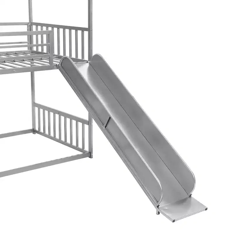 Lit superposé maison double en métal avec toboggan et escalier, cadre de lit superposé convertible avec toboggan et escalier pour enfants et adolescents